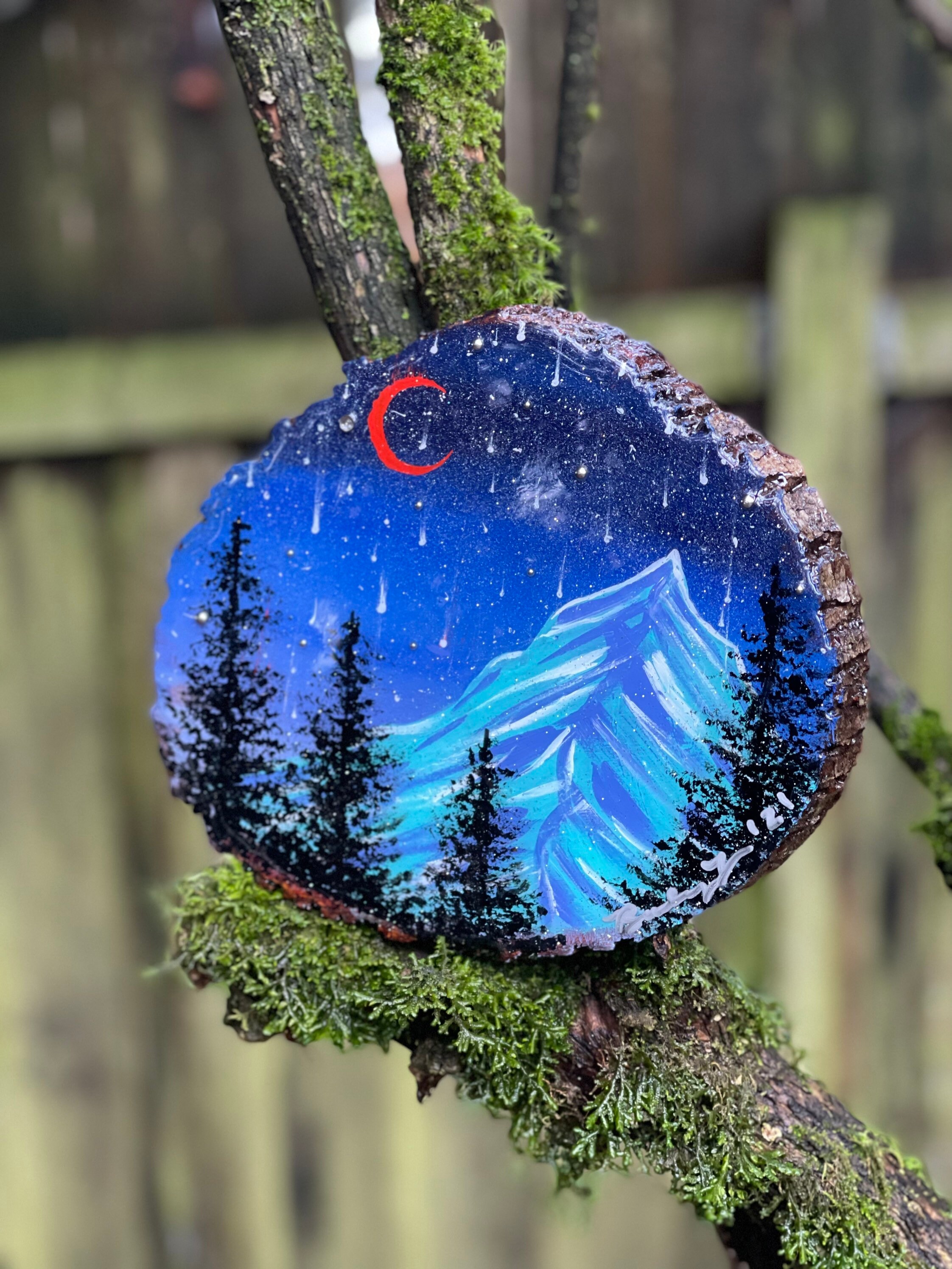 Red Crescent Moon Blue Mountain Wood Round Painting — Raising Wolvez
