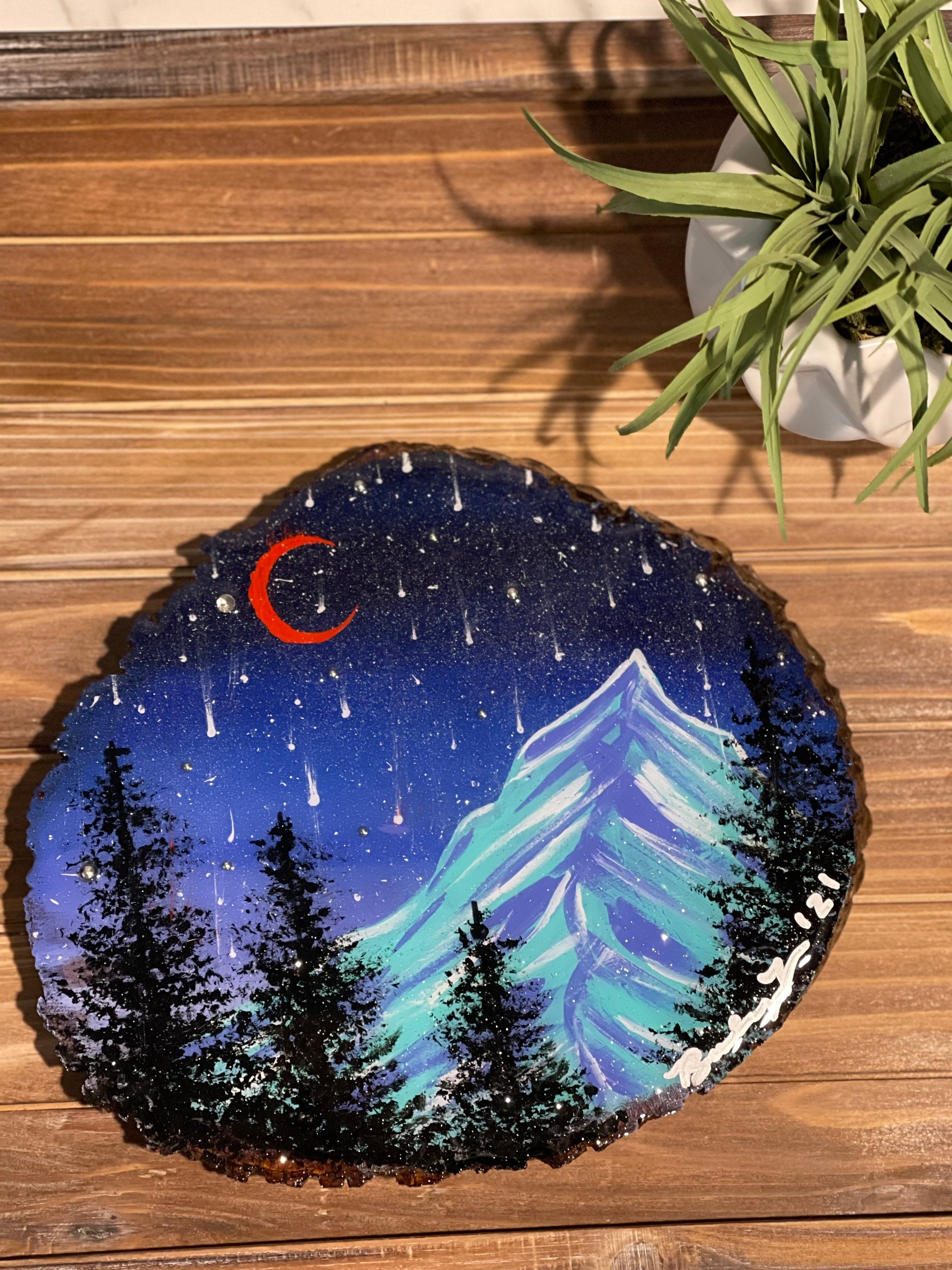 Red Crescent Moon Blue Mountain Wood Round Painting — Raising Wolvez