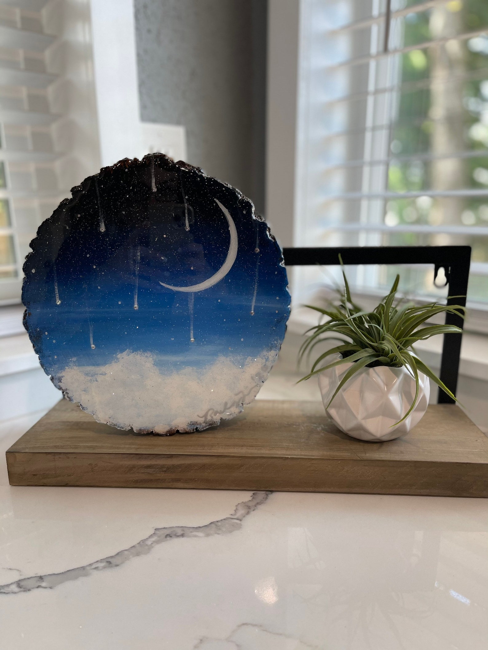 Falling Stars Crescent Moon Wood Round Painting Etsy