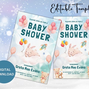 Carte mignonne de douche de bébé, carte d'invitation modifiable de douche de bébé, annonce de bébé, jeux de douche de bébé