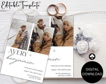 May include: Wedding invitation template with a photo of a couple, featuring the names "Avery + Benjamin" and wedding details. Includes gold rings, white floral accents, and the text "DIGITAL DOWNLOAD". The words "Editable Template" are at the top.