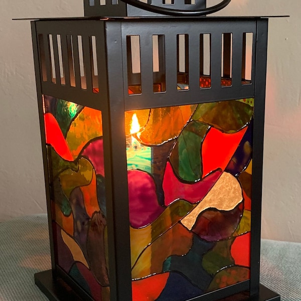 Stained glass design hand painted glass candle tea light lamp bright unusual colourful unique Christmas birthday or mothers day gift