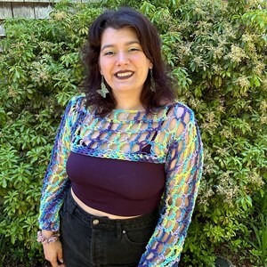 Handmade Crochet Shrug – Multicolor Festival Bolero, Boho Open-Weave Sweater, Lightweight Mesh Crop Top, One-of-a-Kind Purple/Blue/Green