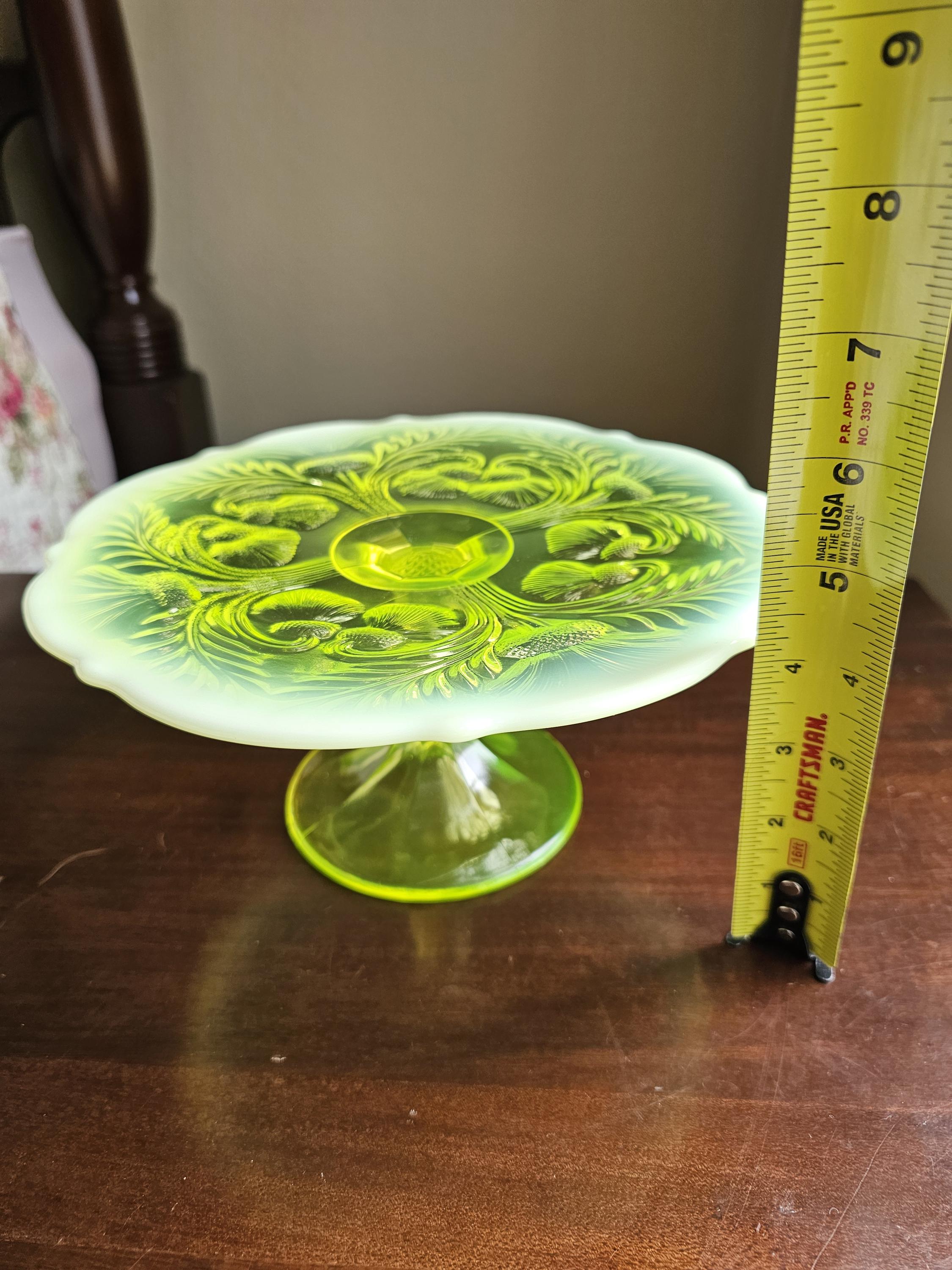 Vintage Mosser Uranium Glass Cake Stand- Inverted Thistle Pattern