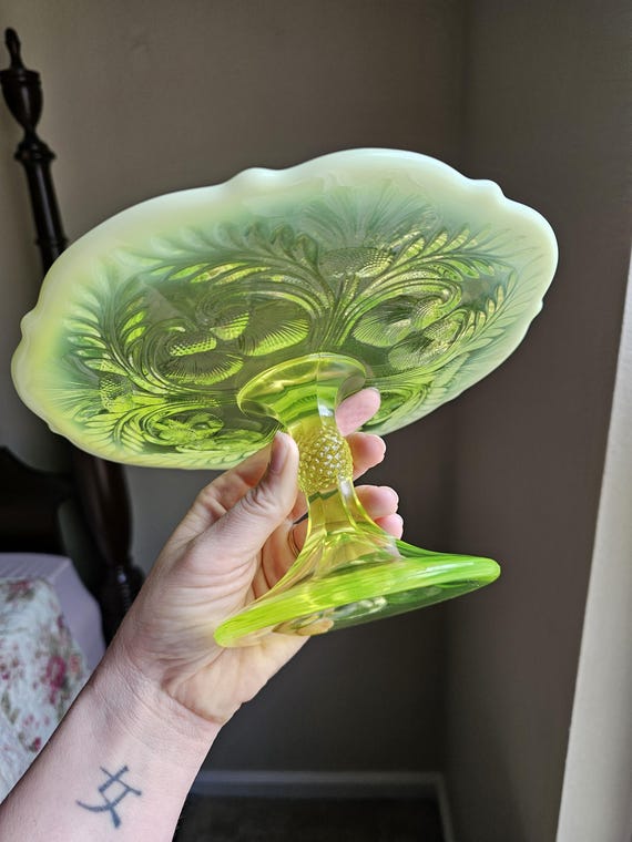 Vintage Mosser Uranium Glass Cake Stand- Inverted Thistle Pattern