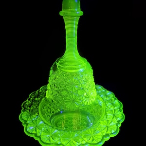Vintage 1960s LG Wright Uranium Glass Bell Butter Dish- Daisy and Button Pattern