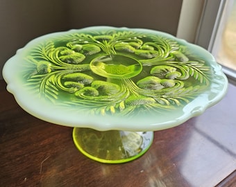 Vintage Mosser Uranium Glass Cake Stand- Inverted Thistle Pattern
