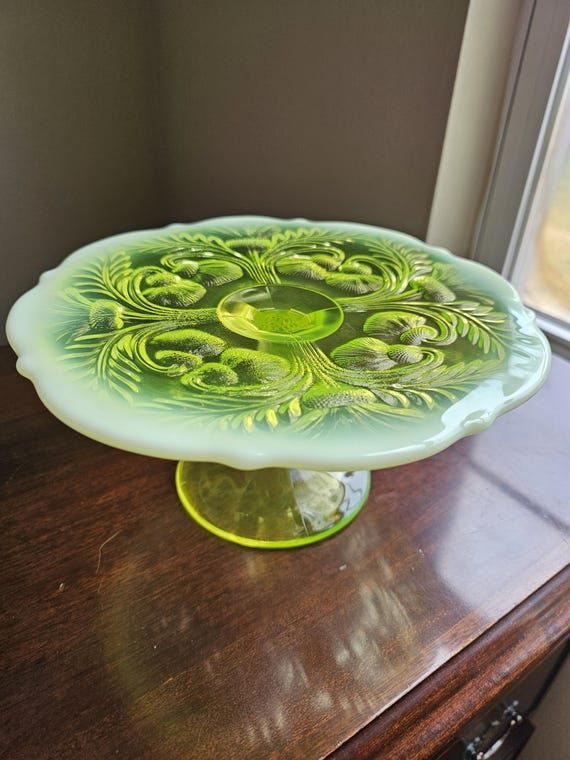 Vintage Mosser Uranium Glass Cake Stand- Inverted Thistle Pattern