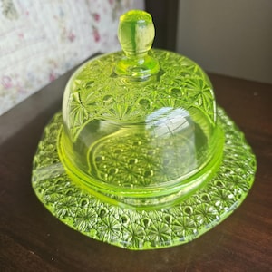 Vintage Mosser Uranium Glass Butter Dish- Queens Pattern