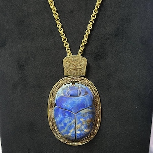 Lapis Lazuli Scarab Amulet Necklace: Gold-Tone Egyptian Revival