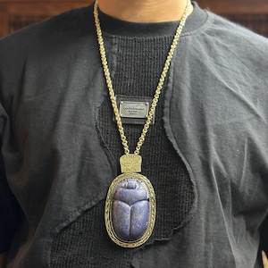 Lapis Lazuli Scarab Amulet Necklace: Gold-Tone Egyptian Revival