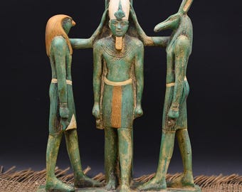 Hand-carved Egyptian Trinity Statue: King Ramesses III, Horus