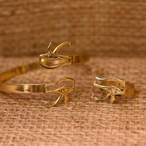 Gold Tone Eye of Horus Ring and Cuff Bracelet Set: Egyptian Jewelry