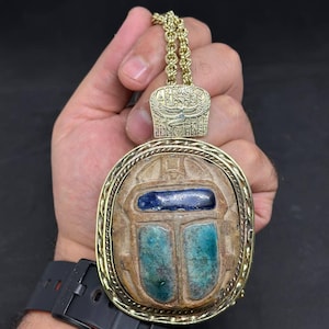 Handmade Faience Scarab Necklace: Egyptian Amulet, Copper Frame