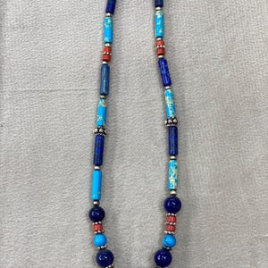 Handcrafted Sterling Silver Egyptian Necklace: Lapis Lazuli, Coral & Turquoise