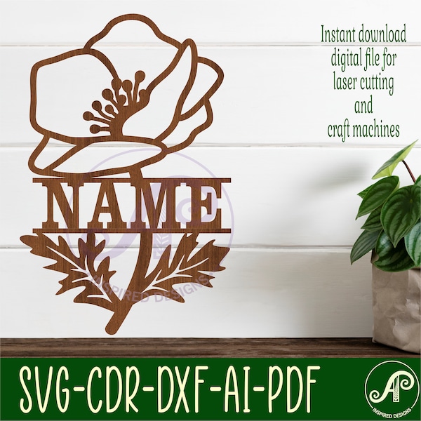 Poppy shape name sign SVG laser cut template, door or wall hanger, vector file ai, cdr, dxf pdf instant download