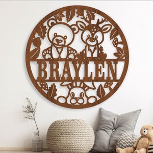 Bär und Hirsch Namensschild, Laser geschnitten Datei SVG, Tür oder Wandhänger mit Tiermotiven, sofortiger Download Vektor Vorlage Ai, Cdr, Dxf