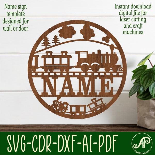 Train name sign, SVG, transport themed door or wall hanger, Laser cut template, instant download Vector file Ai, Cdr, Dxf