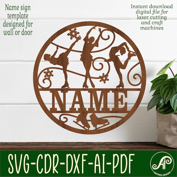 Ice skating female name sign, SVG, sports themed door or wall hanger, Laser cut template, instant download Vector file Ai, Cdr, Dxf