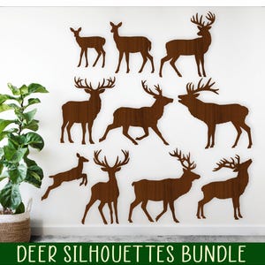 May include: A collection of brown deer silhouettes in various poses, including standing, walking, and leaping. The deer have detailed antlers and are arranged on a white wall. The text "DEER SILHOUETTES BUNDLE" is at the bottom.