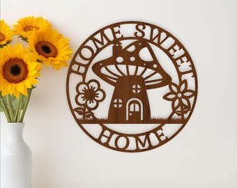 Home sweet home mushroom house wall sign - SVG laser cut fairy decor (digital download)