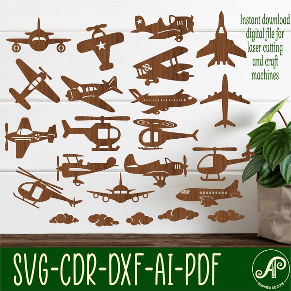 Plane and helicopter designs,  18 laser cut shapes SVG vector file, ai, cdr, dxf instant download. cut outs with details