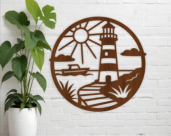 Lighthouse Wall Art SVG, Nautical Round Sign Laser Cut File: Coast Decor (Digital Download)