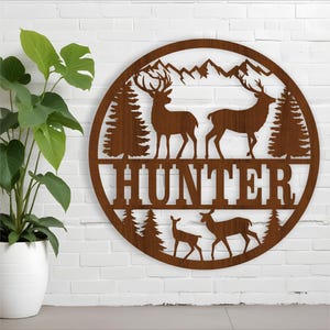 Hirsch Namensschild, SVG, Tür- oder Wandhänger mit dem Thema Natur, Laser geschnittene Vorlage, sofortiger Download Vektordatei Ai, Cdr, Dxf