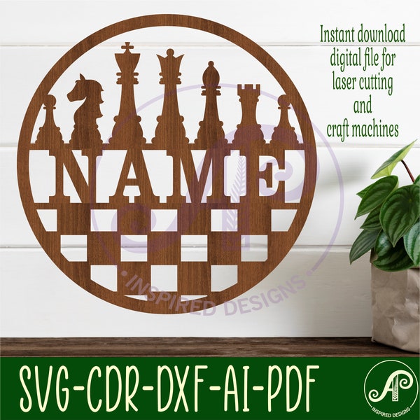 Chess name sign, SVG, sports themed door or wall hanger, Laser cut template, instant download Vector file Ai, Cdr, Dxf