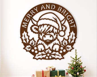 Weihnachtliches Highland-Kuh-SVG, fröhliches und strahlendes Laser-Schild für festliche Weihnachtsdekoration