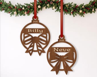 Bow Christmas Ornament SVG, Personalized Engraved Name Bauble, Laser Cut Christmas Decoration Designs