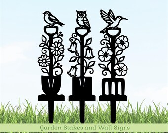Vogel-Gartenwerkzeug-Wanddeko & Gartenstecker-Set mit Kolibri, Rotkehlchen und Eule – Metalldeko-Geschenk