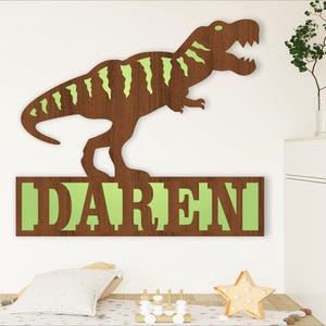 Plantilla de corte láser SVG con el nombre de T rex para colgar en la puerta o en la pared, archivo vectorial ai, cdr, dxf, pdf, descarga instantánea