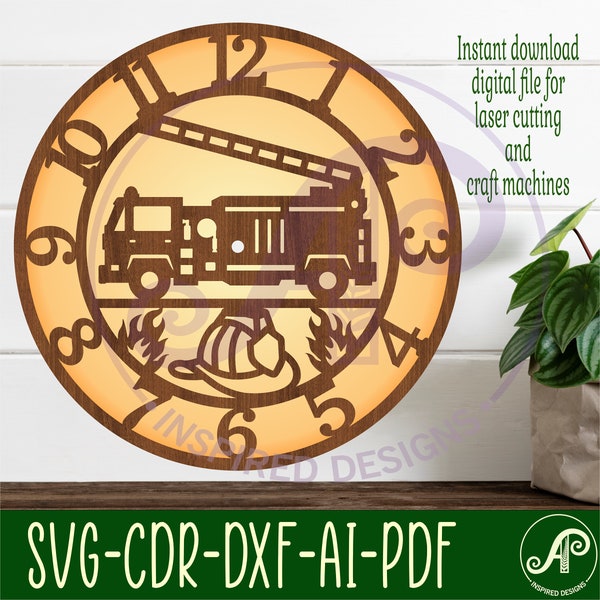 Fire truck wall clock laser cut files, SVG file. vector file ai, cdr, dxf instant download digital design, cut file template