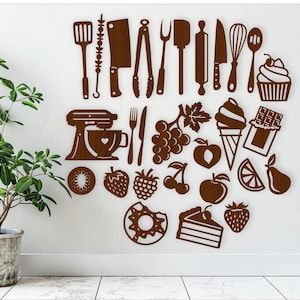 Disegni di sagome di forme di cucina, 26 forme tagliate al laser file vettoriale SVG, ai, cdr, dxf download immediato. Ritagli con dettagli