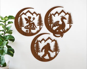 Fantasy Moon Wall Art SVG Bundle - Fairy Dragon Bigfoot Laser Cut Signs (Digital Download)