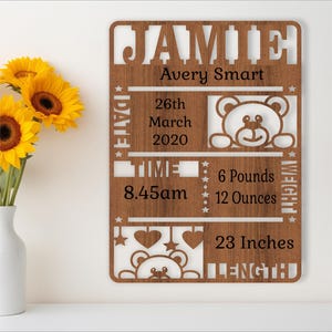 Baby stats, Birth plaque, announcement sign template SVG, nursery themed wall hanger, Laser cut template, instant download Ai, Cdr, Dxf