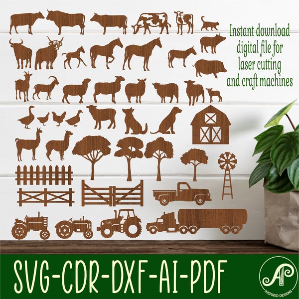 Farm design SVG bundle. 43 designs, Vector files, laser cut file, shapes. Ai, Cdr, Dxf instant download digital file