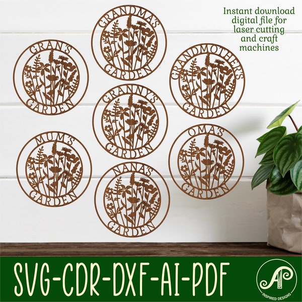 Garden floral signs 7 options SVG, mothers theme wall hanger, Laser cut template, instant download Vector file Ai, Cdr, Dxf