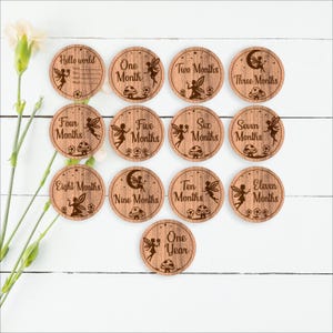 Puede incluir: Un conjunto de doce discos de madera para fotos de bebés. Cada disco es redondo y está grabado con un mes o hito, un hada y elementos decorativos. Los discos están dispuestos sobre una superficie de madera blanca.