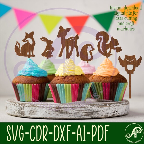 Woodland animals toppers, 6 designs  SVG laser cut, instant download Pdf, Dxf, Ai and Cdr template.