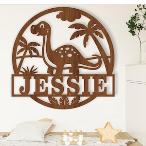 Targa del nome della scuola materna del dinosauro Brontosauro, file di taglio laser SVG, decorazione della parete Dino, download istantaneo Modello vettoriale Ai, Cdr, Dxf