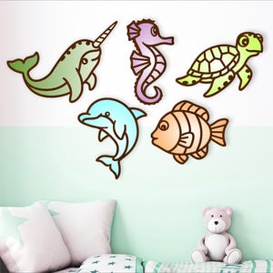 Digitale lasergesneden bestandsvormen oceaandieren. 5 tweelaagse vectorbestanden SVG, ai, cdr, dxf en pdf instant download gelaagde vormuitsparingen set 2