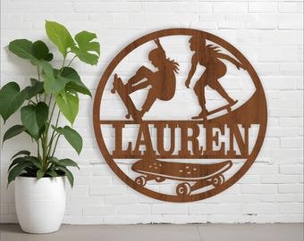 Skateboarder Girl Name Sign: Laser Cut Wall Art (SVG, Ai, Cdr, Dxf)
