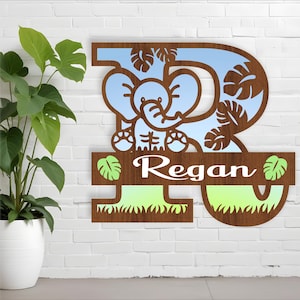 Placas com nomes de letras monograma de elefante. Arquivo SVG de 3 camadas cortado a laser, cabide de porta ou parede, arquivo vetorial ai, cdr, dxf pdf arquivo instantâneo