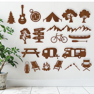 Desenhos de acampamento, 18 arquivos vetoriais de formas cortadas a laser SVG, ai, cdr, dxf download instantâneo. recortes com detalhes