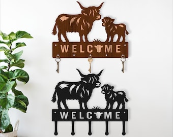 Highland Cow & Calf Welcome Key Holder - Laser Cut Key Rack (Digital Download)