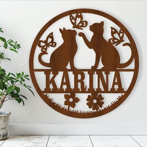 Placa de nome de gatos e borboletas, SVG, porta com tema animal ou cabide de parede, modelo cortado a laser, download instantâneo Arquivo vetorial Ai, Cdr, Dxf