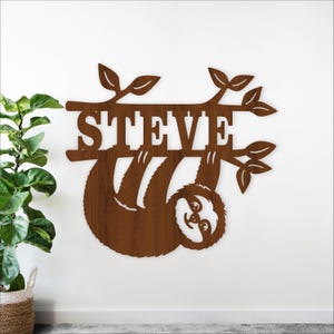 Plantilla de corte láser para letrero con nombre de perezoso, arte mural de animales salvajes (descarga digital)