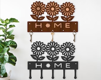 Flower Home Key Holder SVG Laser Cut Wall Rack Key Floral Decor (Digital Download)